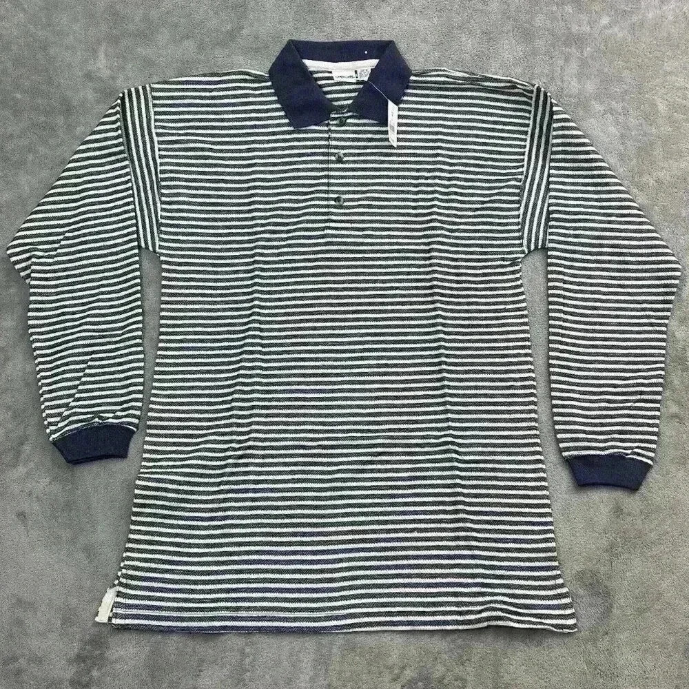 Cherokee Shirt Mens Medium Striped Polo Pull On Button Front Long Sleeve Vintage